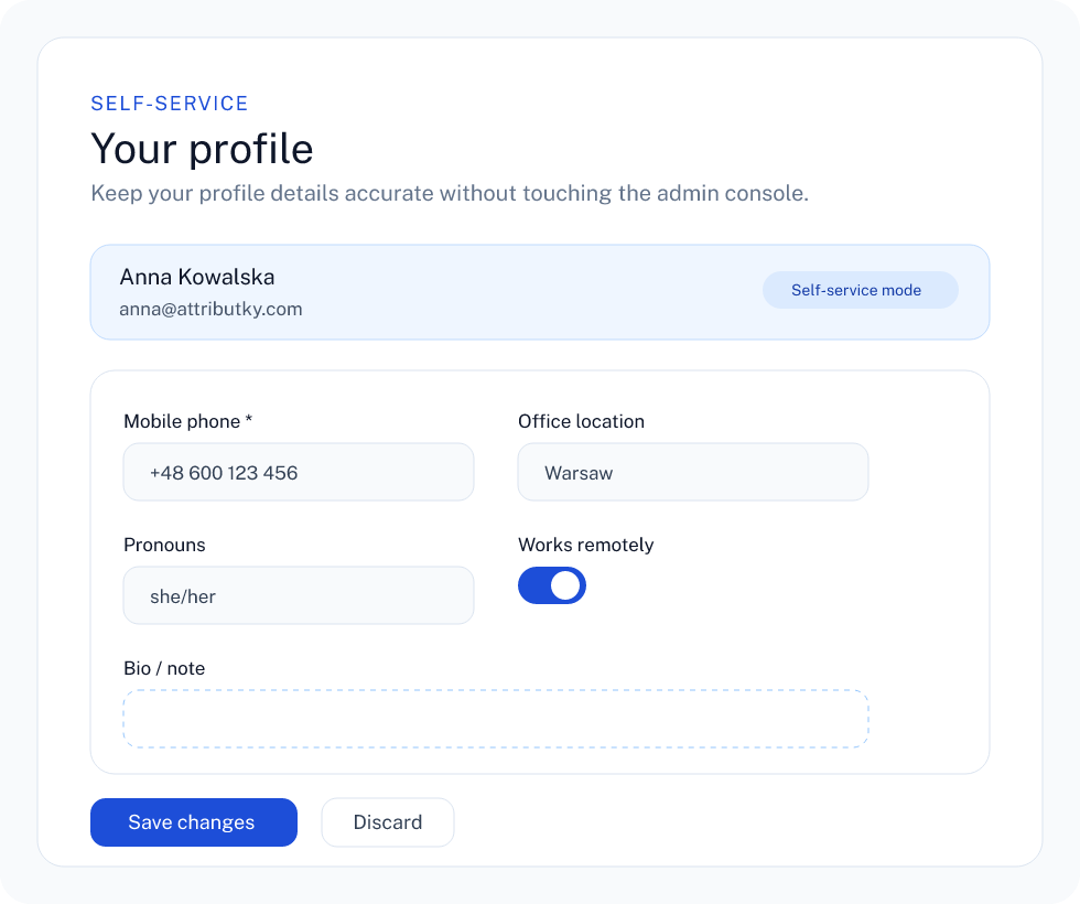 Self-service profile editing view in attributky